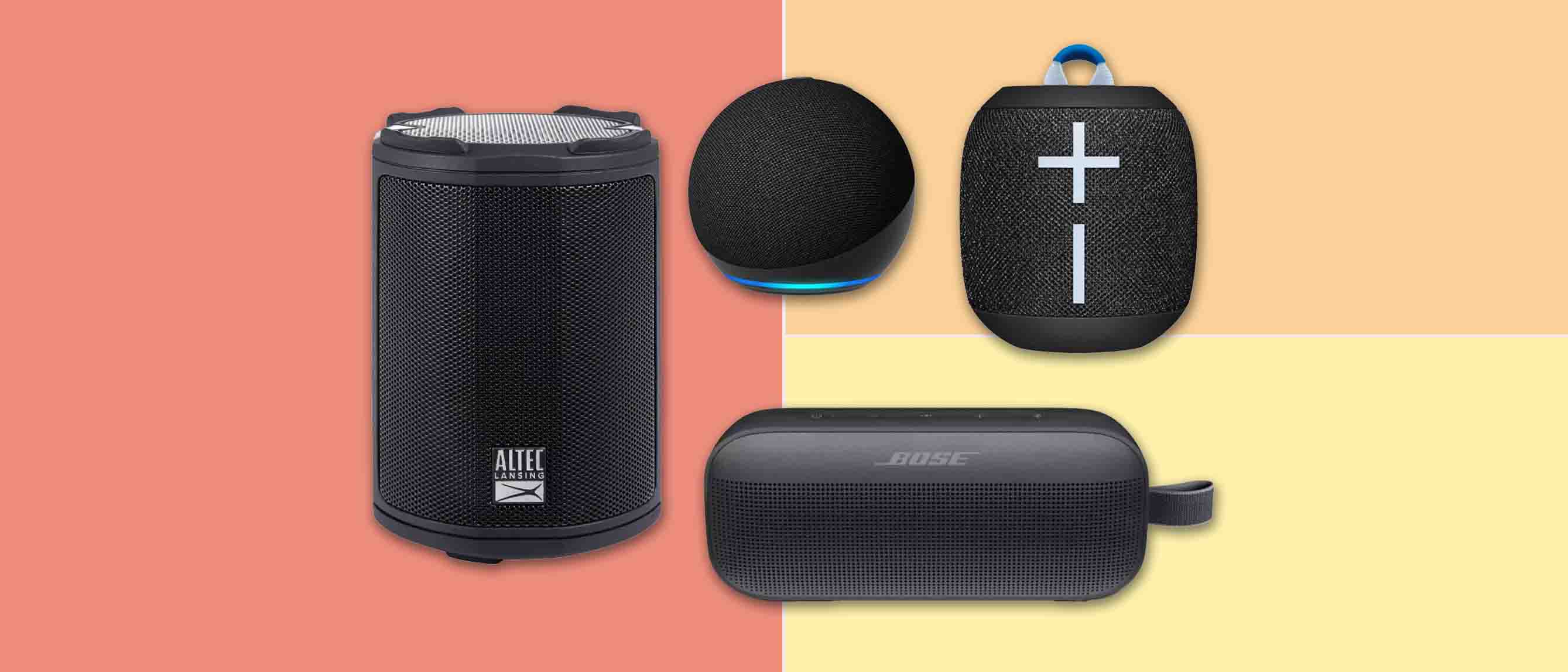 Image of four black Bluetooth speakers