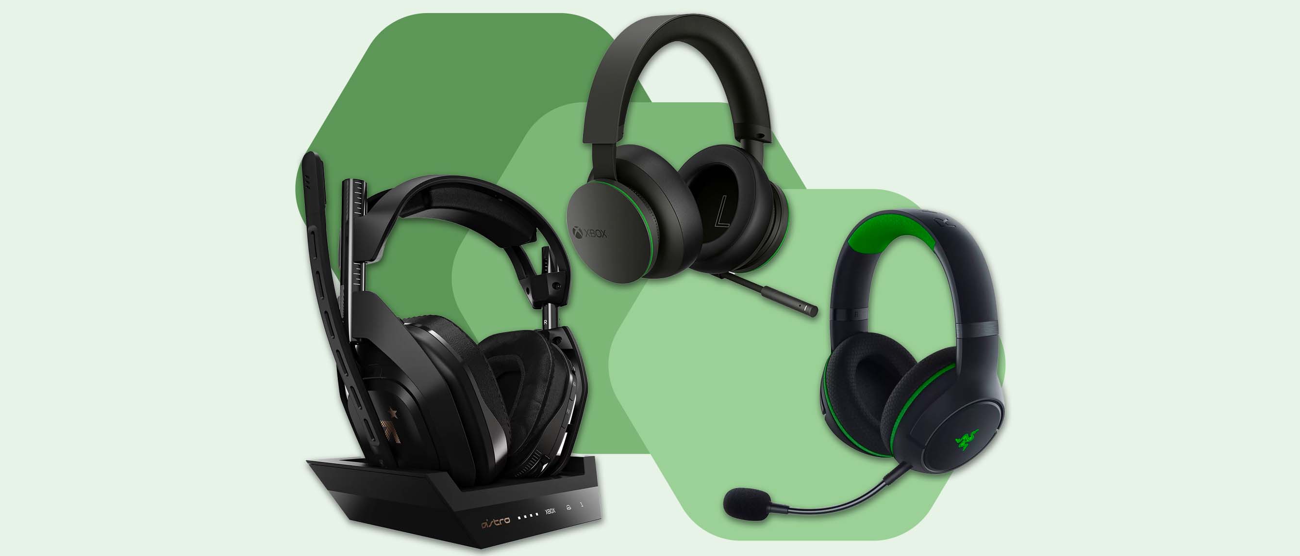 3 pairs of xbox headsets on green background
