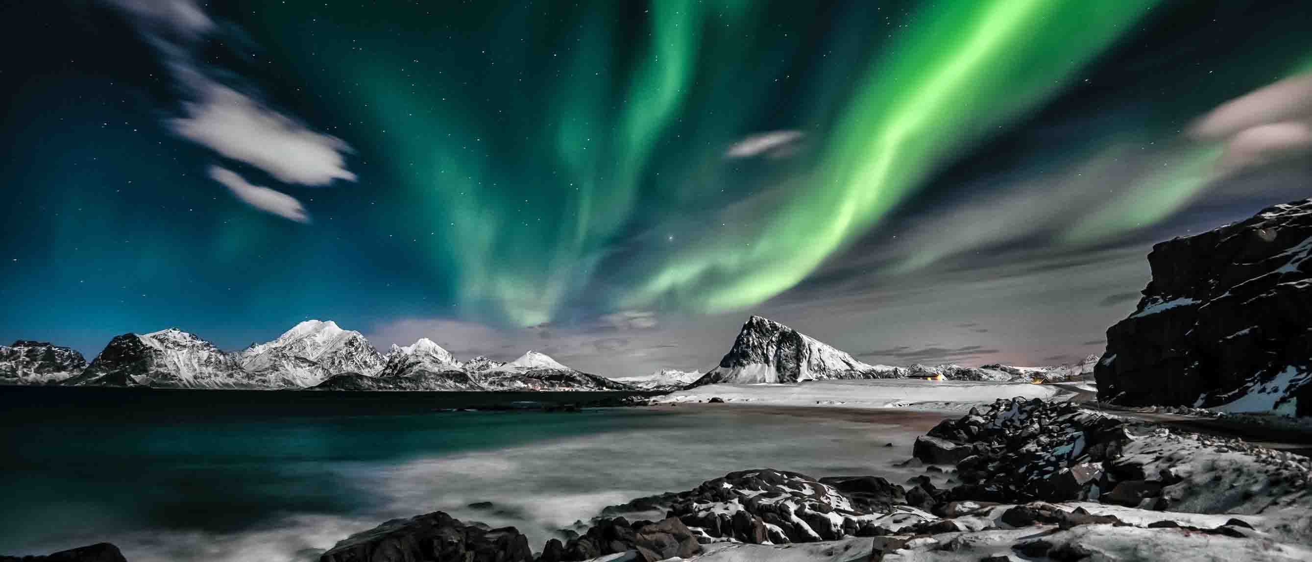 a wide shot of the northern lights in Iceland 