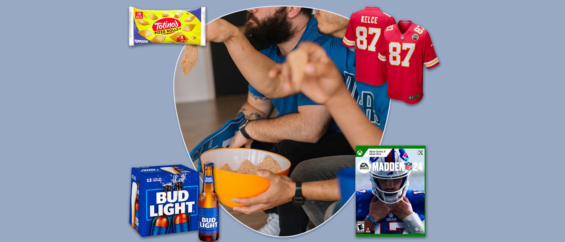 two men watching football, with madde, bud light, a travis kelce jersey, and pizza rolls surrounding them