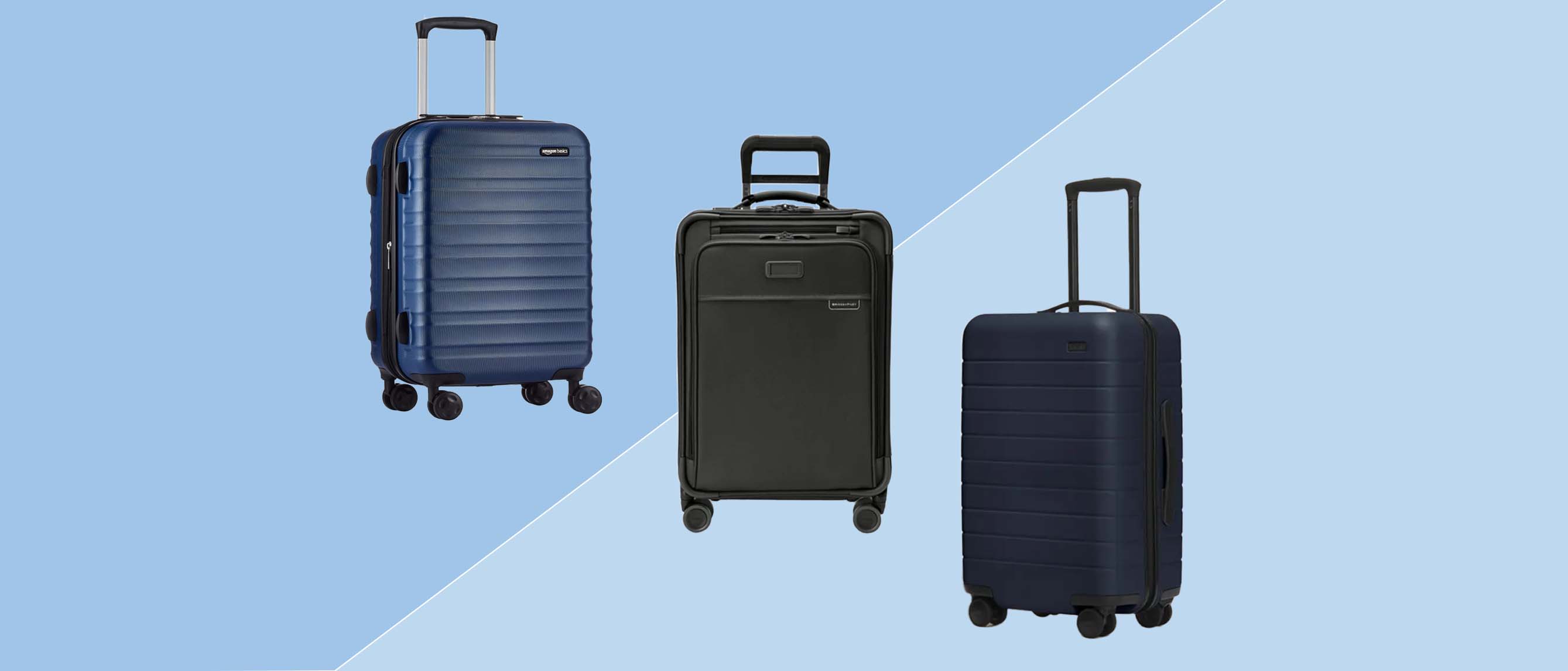 two blue suitcases and a black suitcase on a blue background