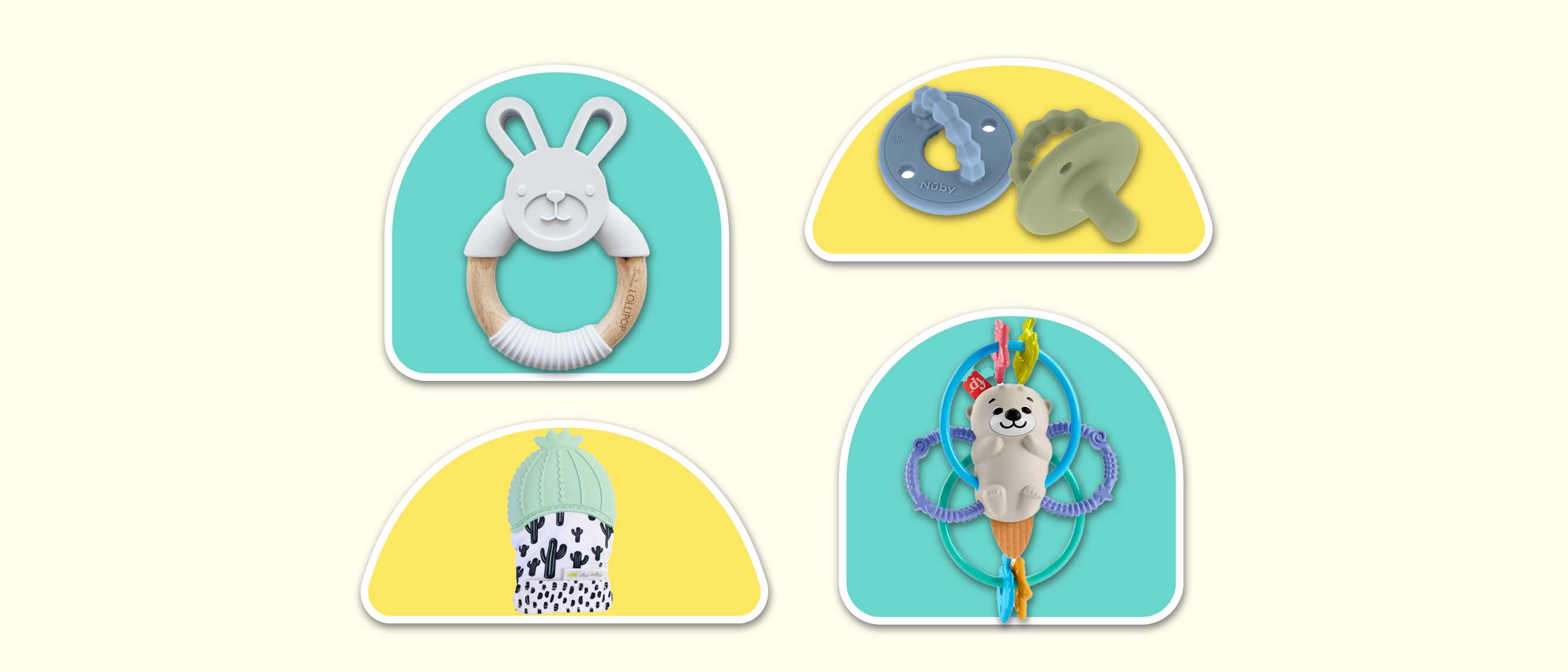 four of the best teething toys for babies including a wooden ring, a mitt teether, pacifiers and a rattle