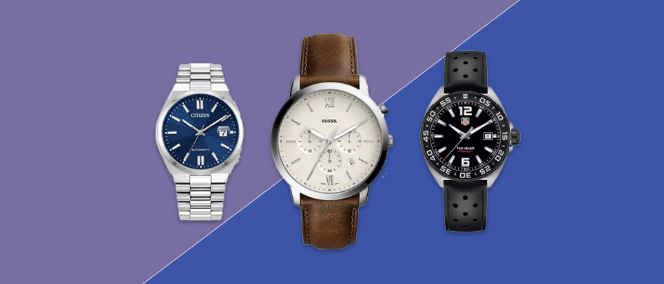 Image of three men's watches including Fossil, Tag Heuer and Citizen