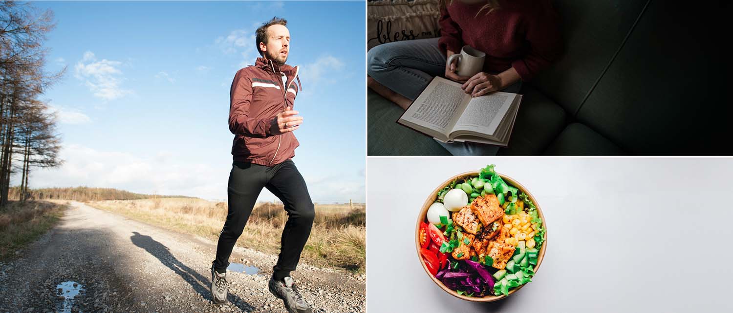 picture of man running, woman reading and a healthy meal