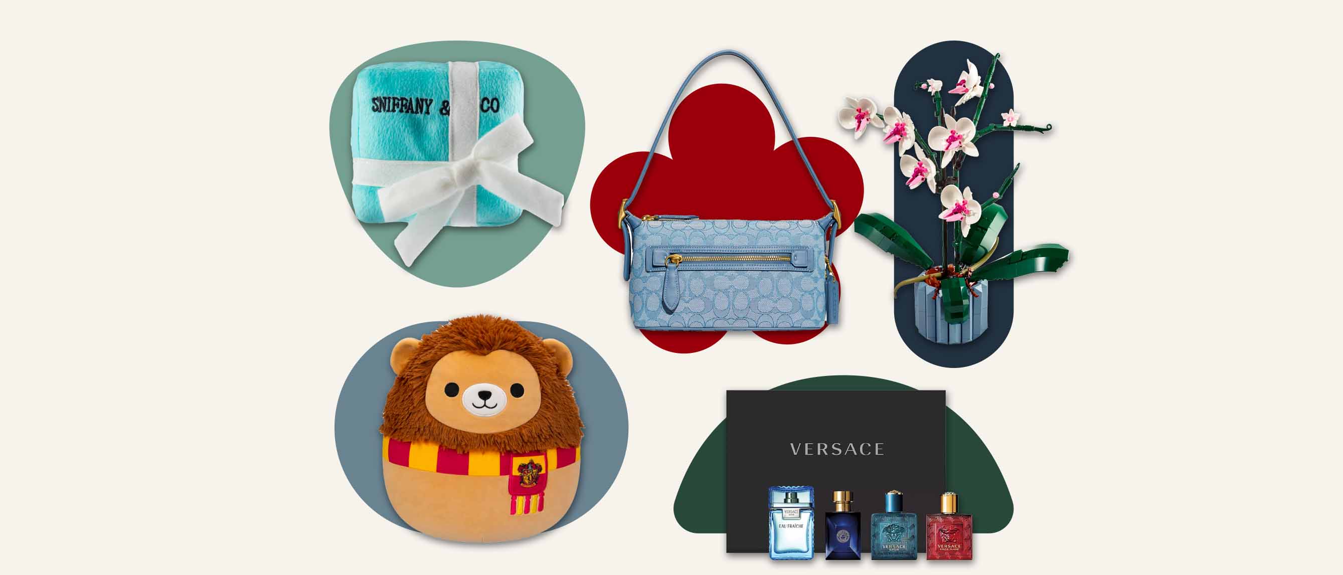 sniffany and co dog toy, harry potter squishmallow, coach bag, lego orchid and versace mini cologne set on coloured collage 