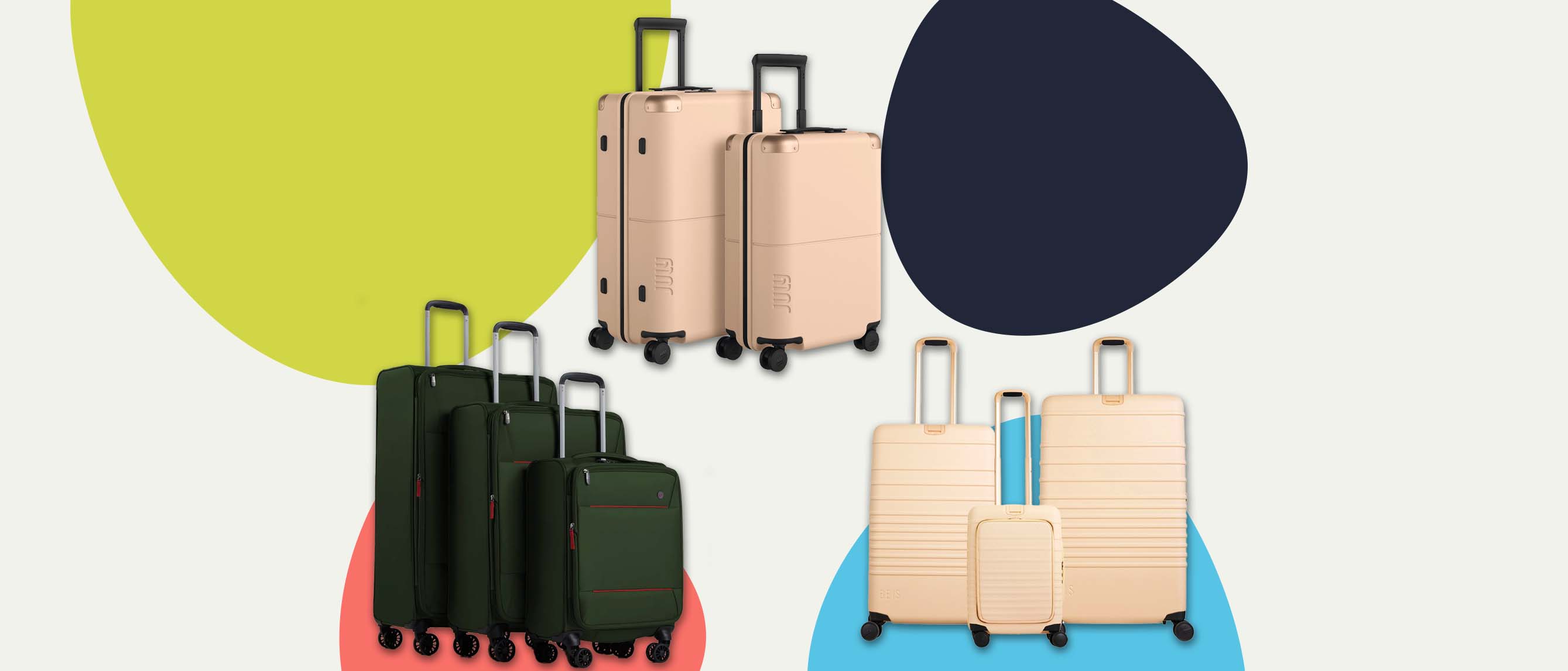 suitcases from beis, july and antler on colorful background