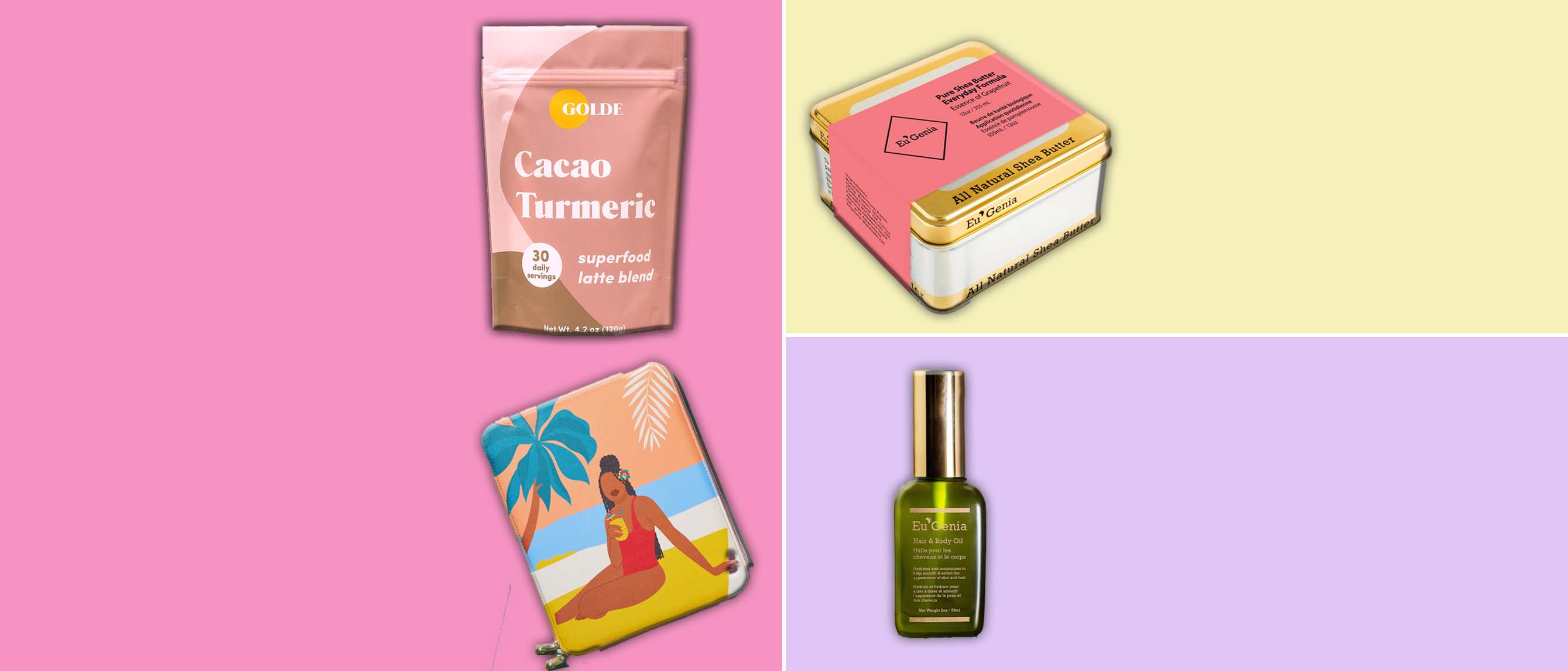 A collage of beauty products, edibles and a journal against a pastel pink, yellow and purple grid background