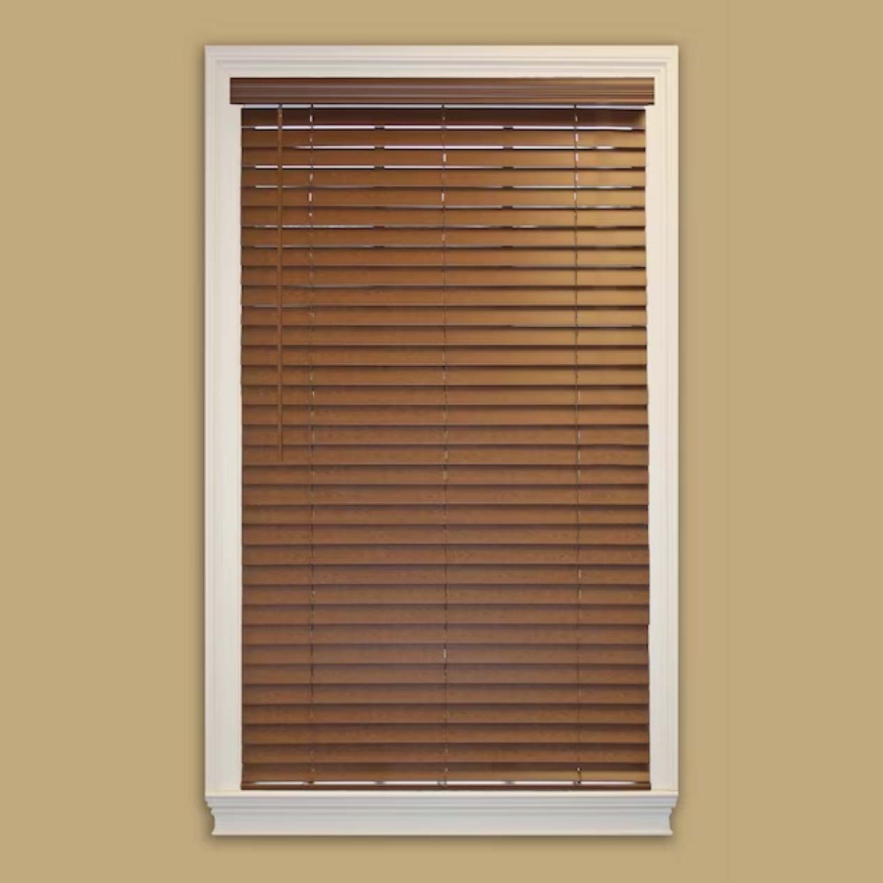 Faux wood blinds on window