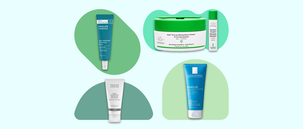 oily face products on green background