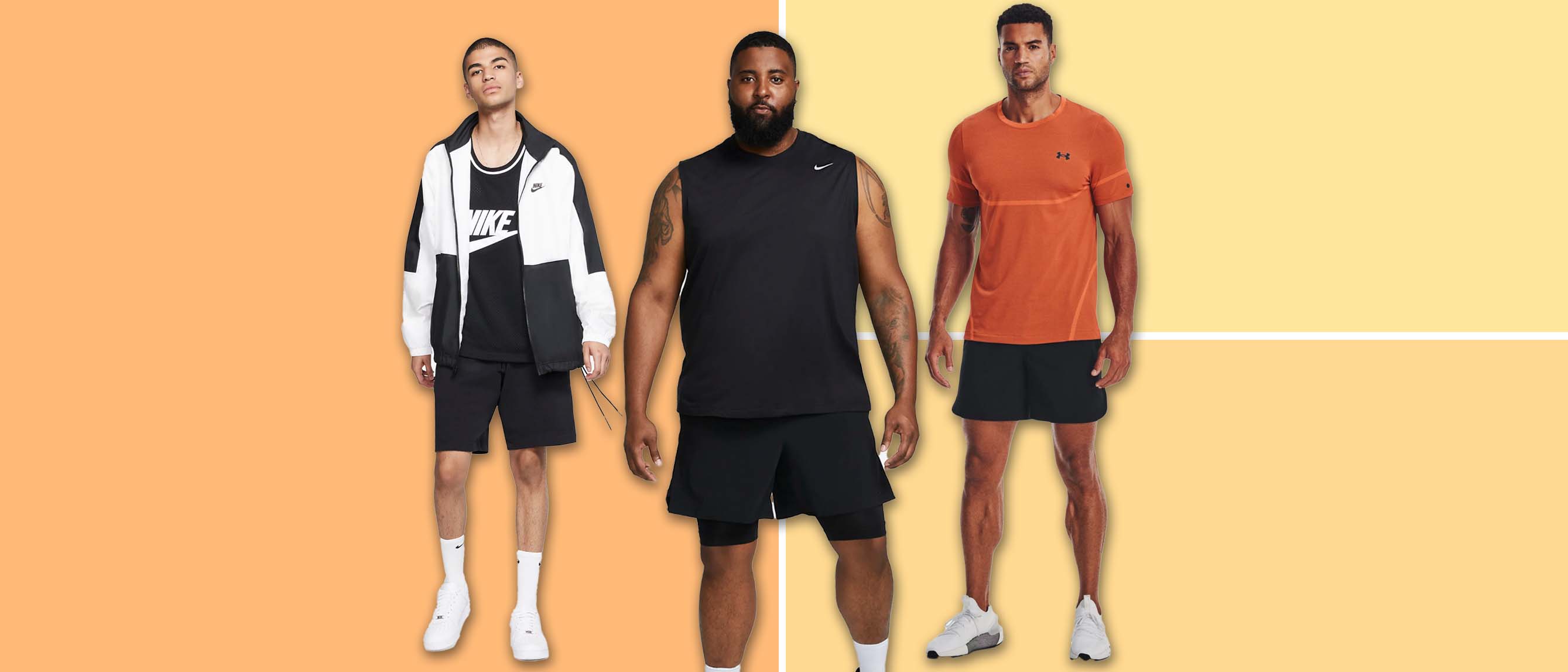 Image of three men wearing gym shorts in different styles