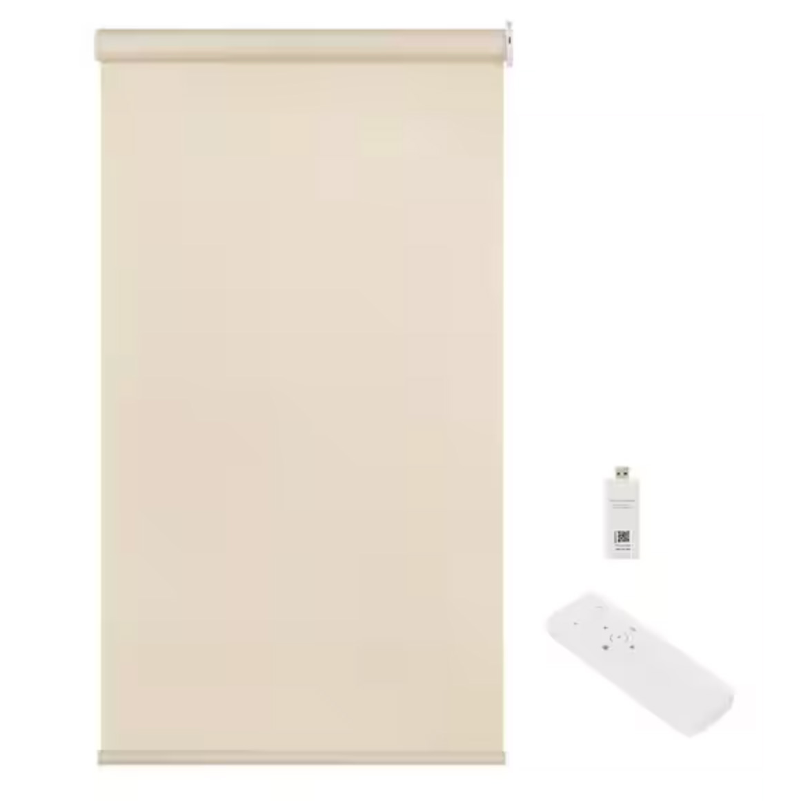 Cream colored smart roller shades with remote and USB connecter