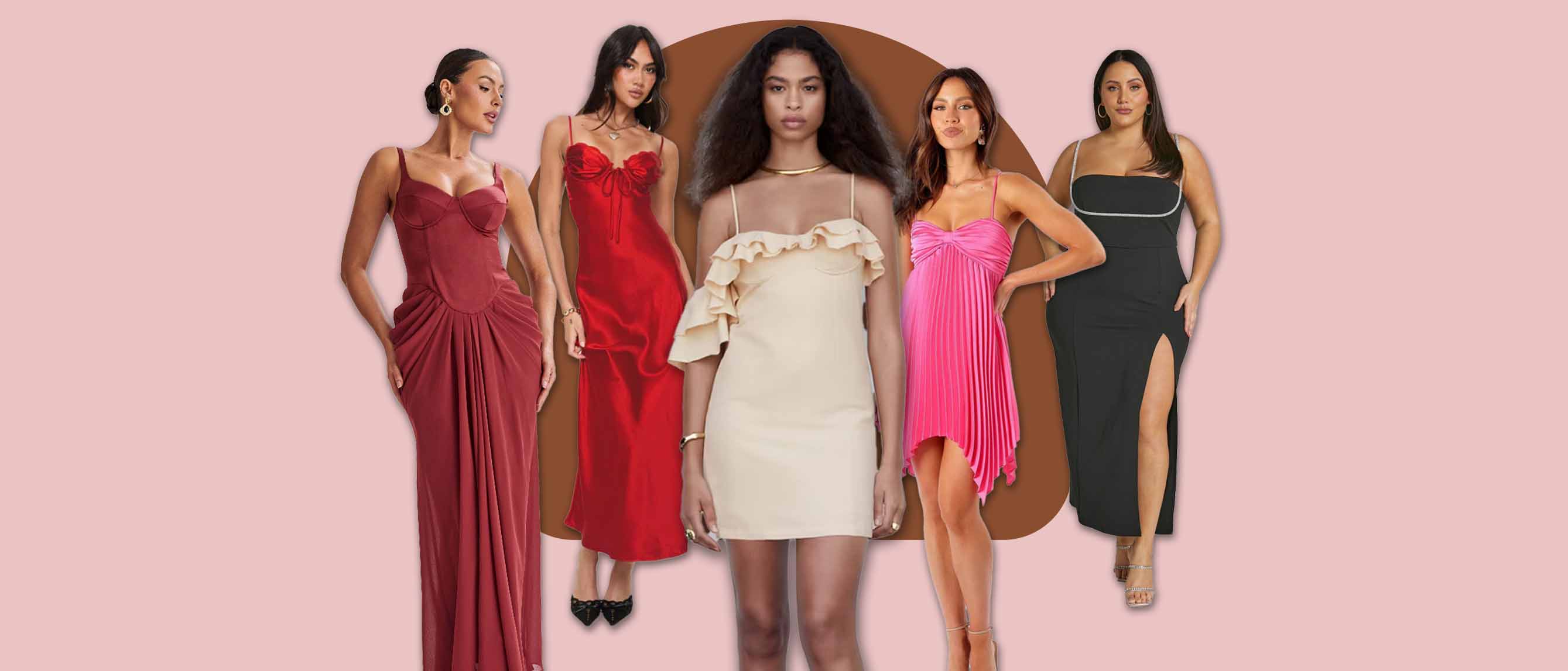 Five women in evening dresses and midi dress