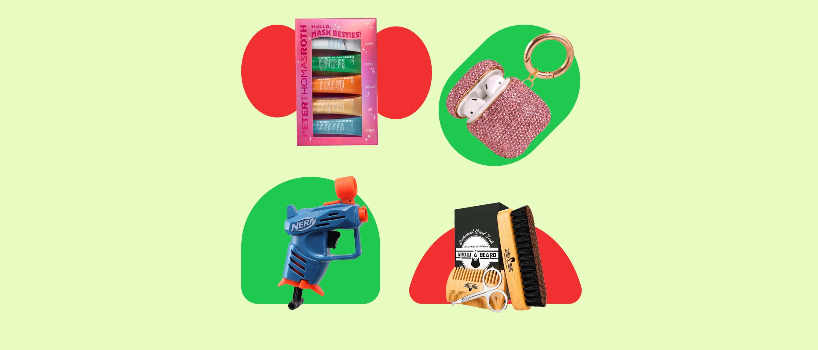 Collage of face masks, airpods case, nerf shooter and beard grooming kit. against red, green and yellow background