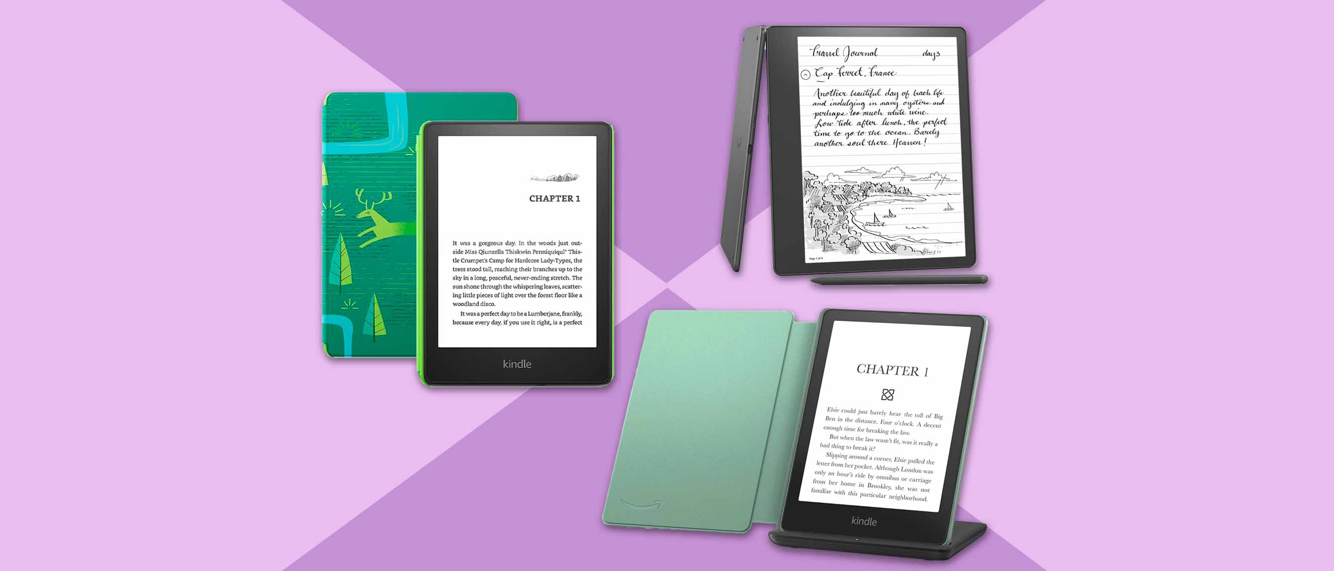 kindle scribe, kindle signature edition, and kindle kids devices on purple background
