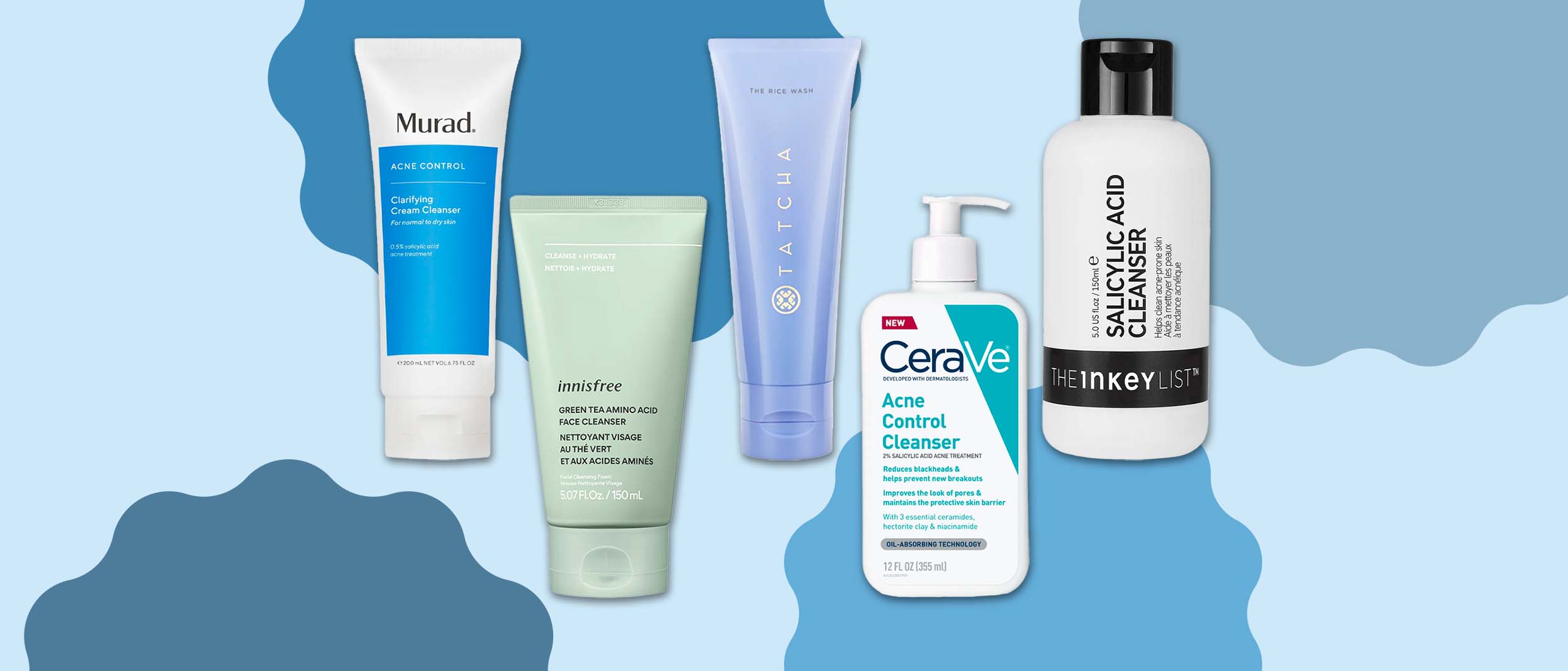 five facial acne cleansers on a blue background