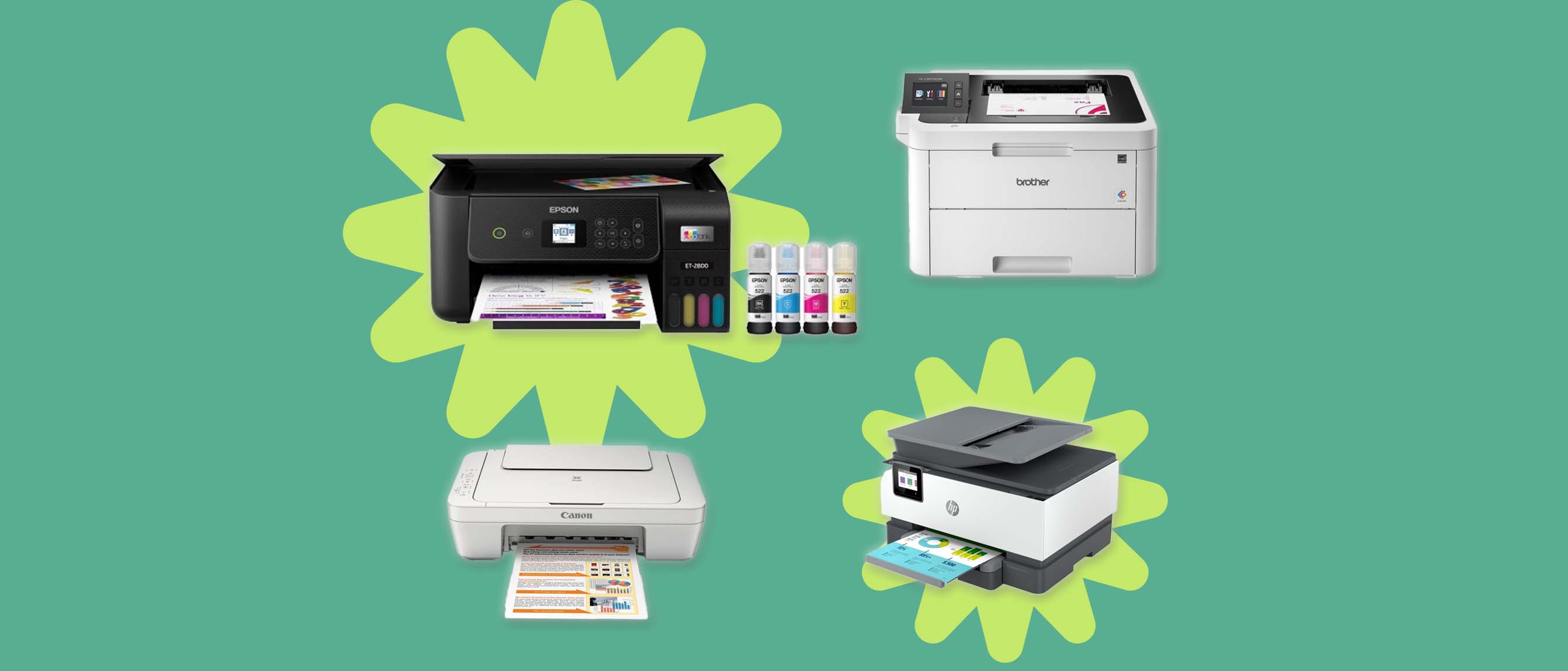 Image of four home printers including Canon, Brothers, HP and Epson