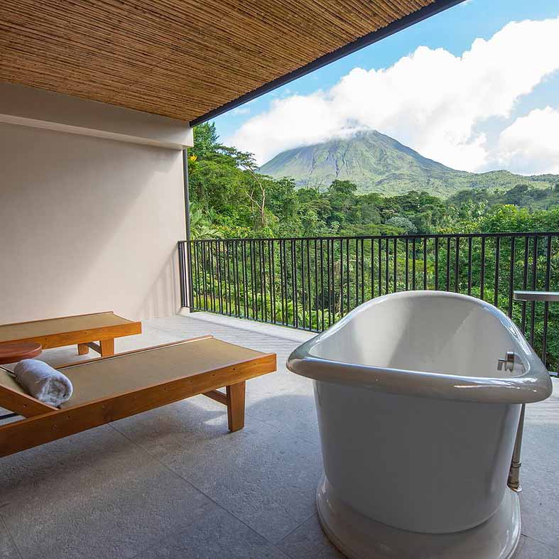 Outdoor bathtub with mountain view
