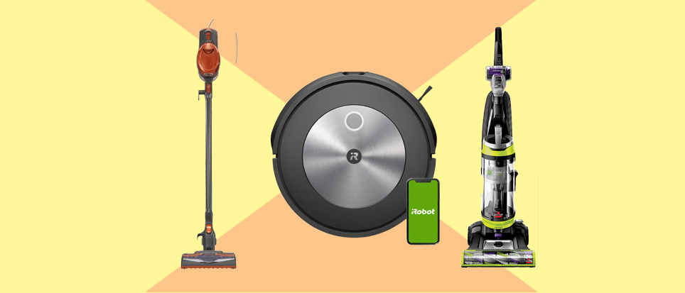 A collage of 3 pet vacuum cleaners against a yellow and orange background
