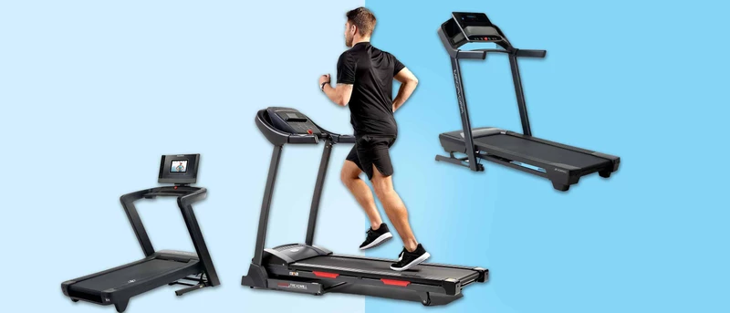 man running on the Sunny Health & Fitness Premium treadmill next to two other treadmills from NordicTrack and ProForm