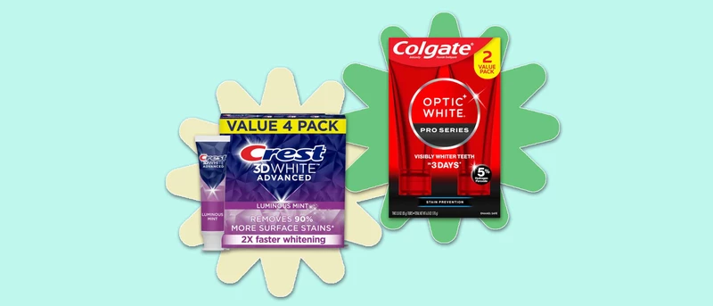 pack of Crest whitening toothpaste and Colgate optic whitening toothpaste