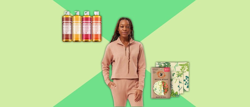 Collage of girl wearing organic cotton sweatshirt, organic bottles of bodywash and reusable wraps against a green background