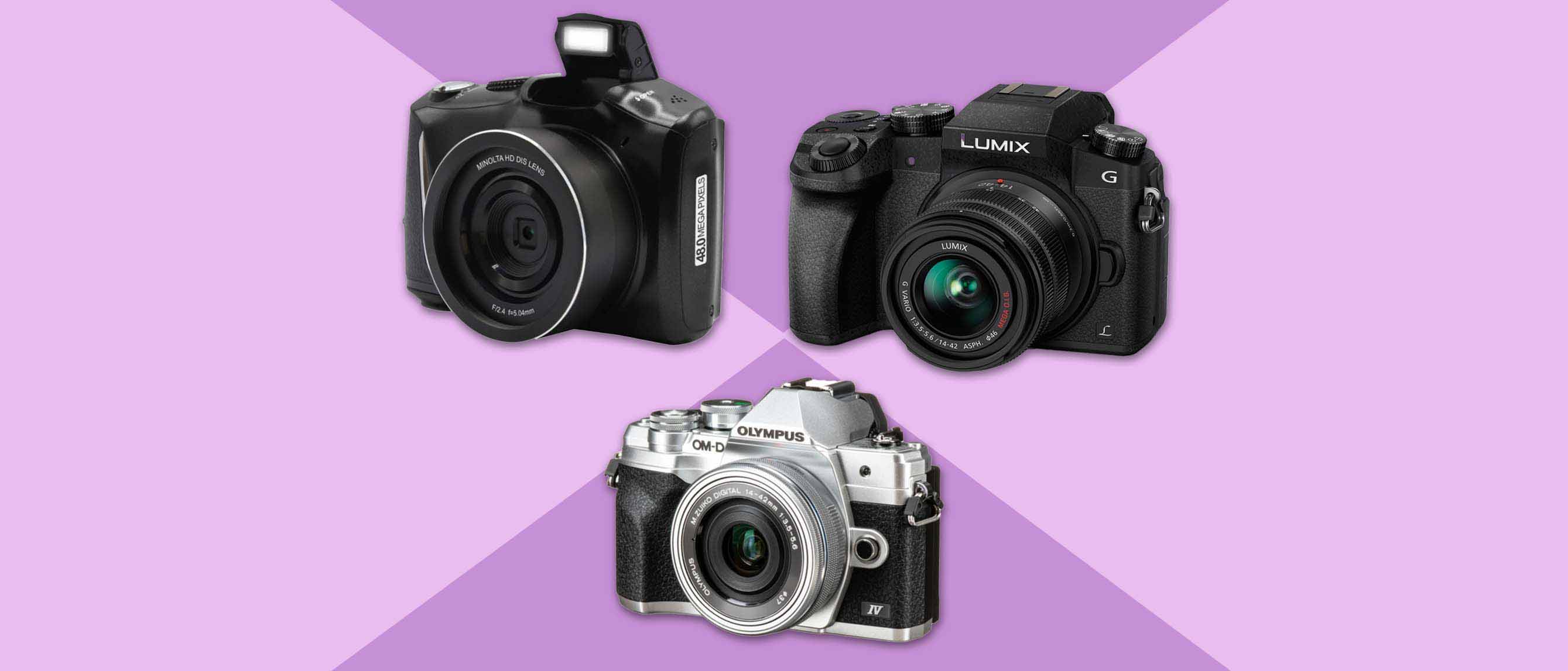 Image of 3 cameras including Minolta, Lumix and Olympus