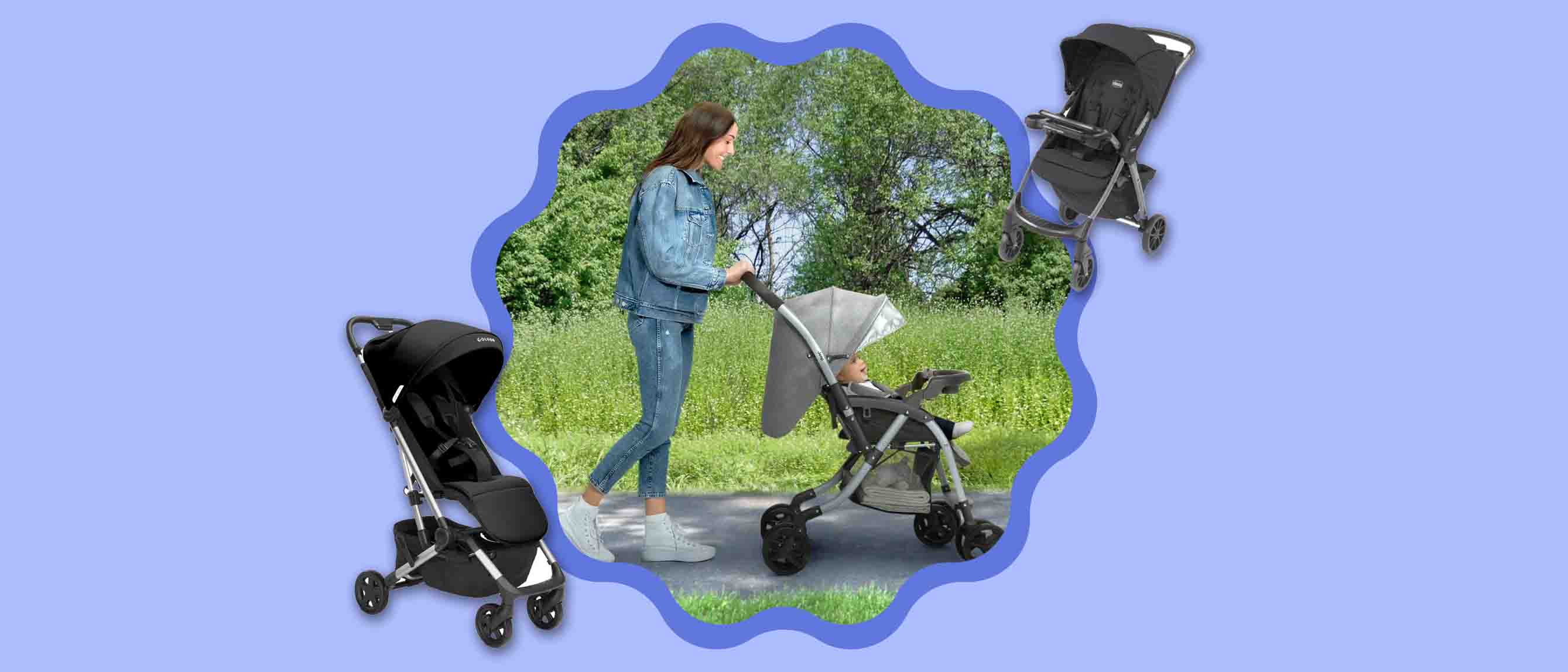 Image of mom pushing stroller and 2 black strollers