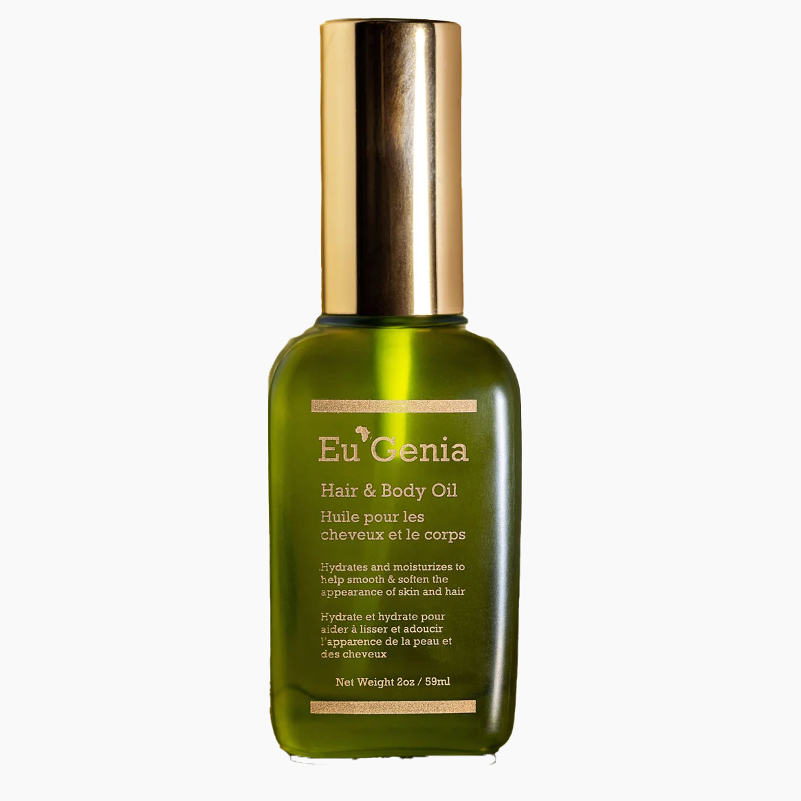 Green bottle of Moringa Hair and Body Oil with gold cap