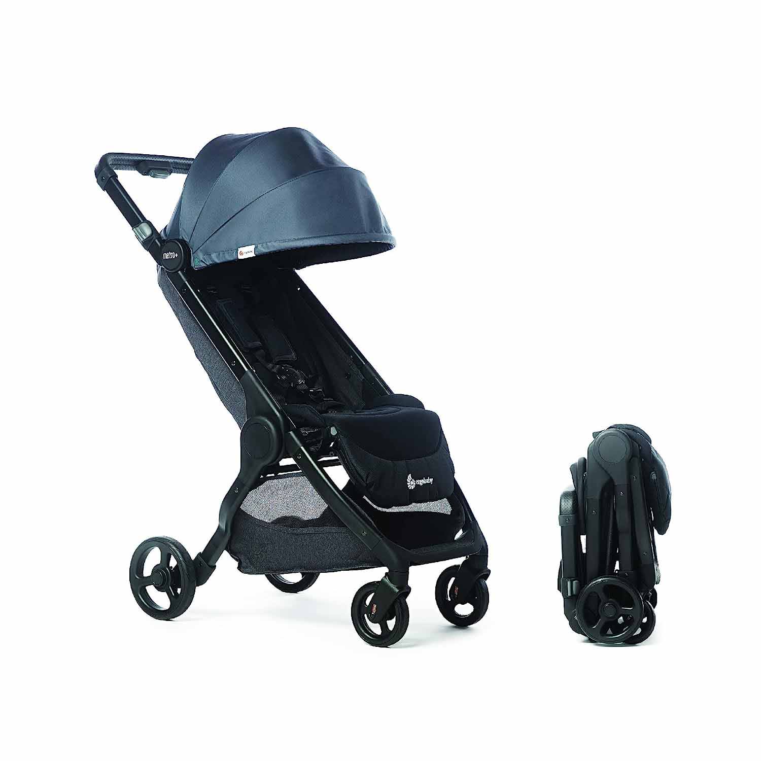blue and black travel stroller with harness