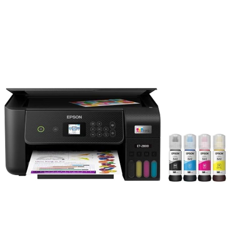Black Epson printer with ink replacement in bottles
