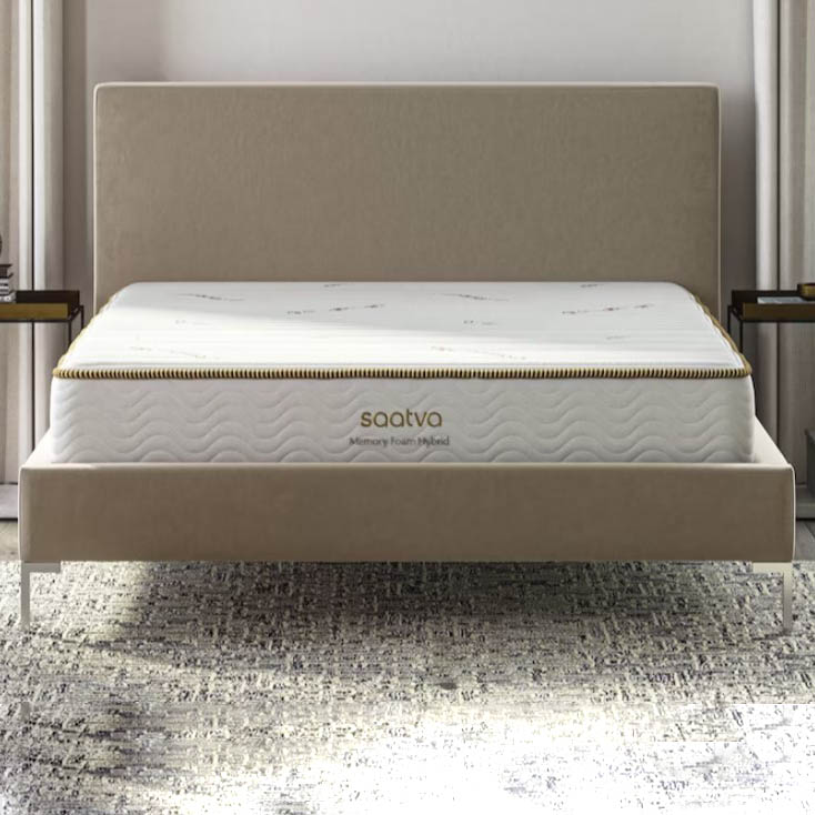 Saatva Hybrid mattress in brown room setting