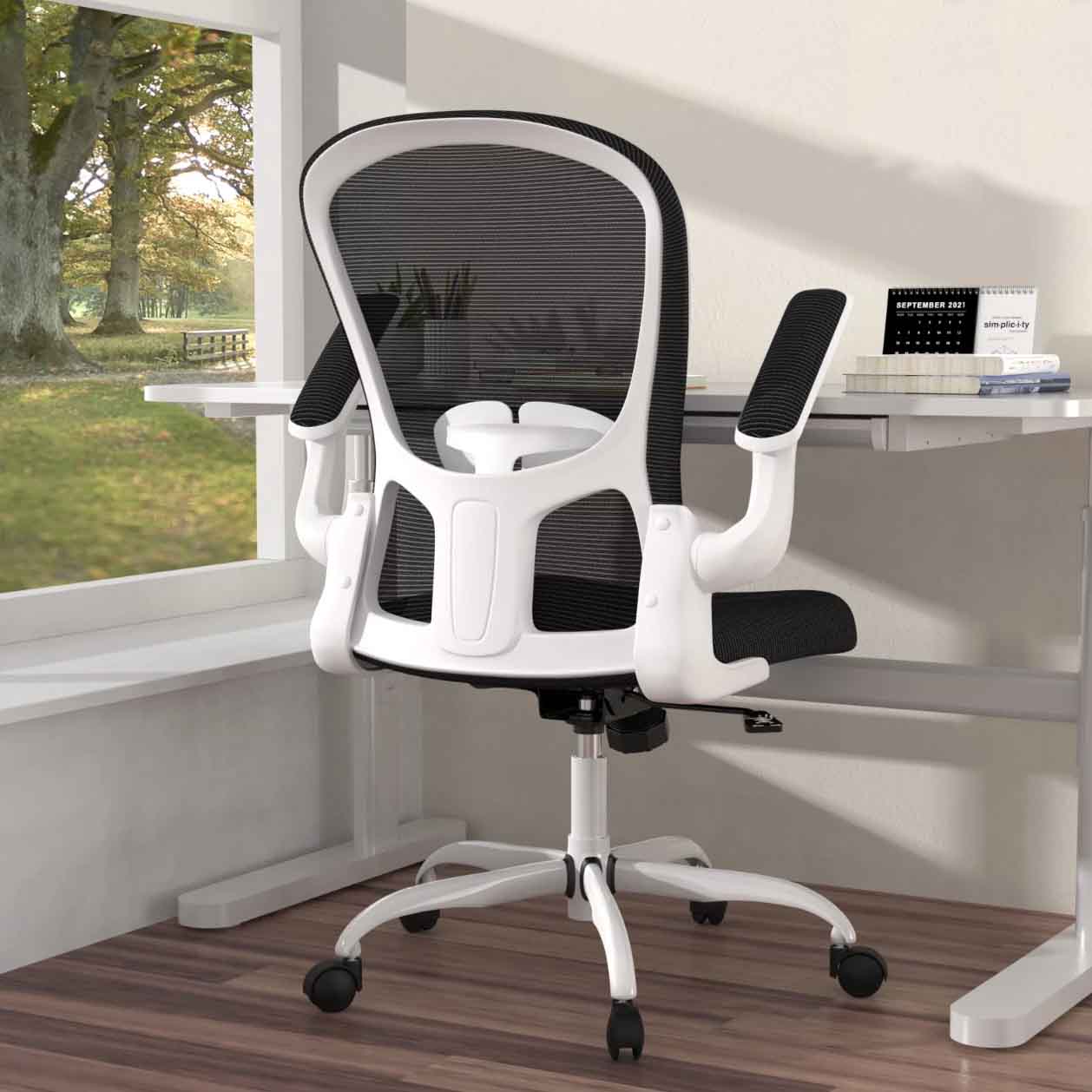 White swivel office chair in office setting