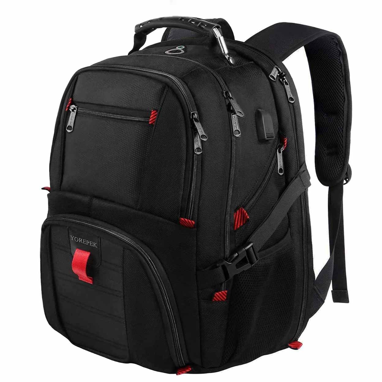 Black backpack with red tags