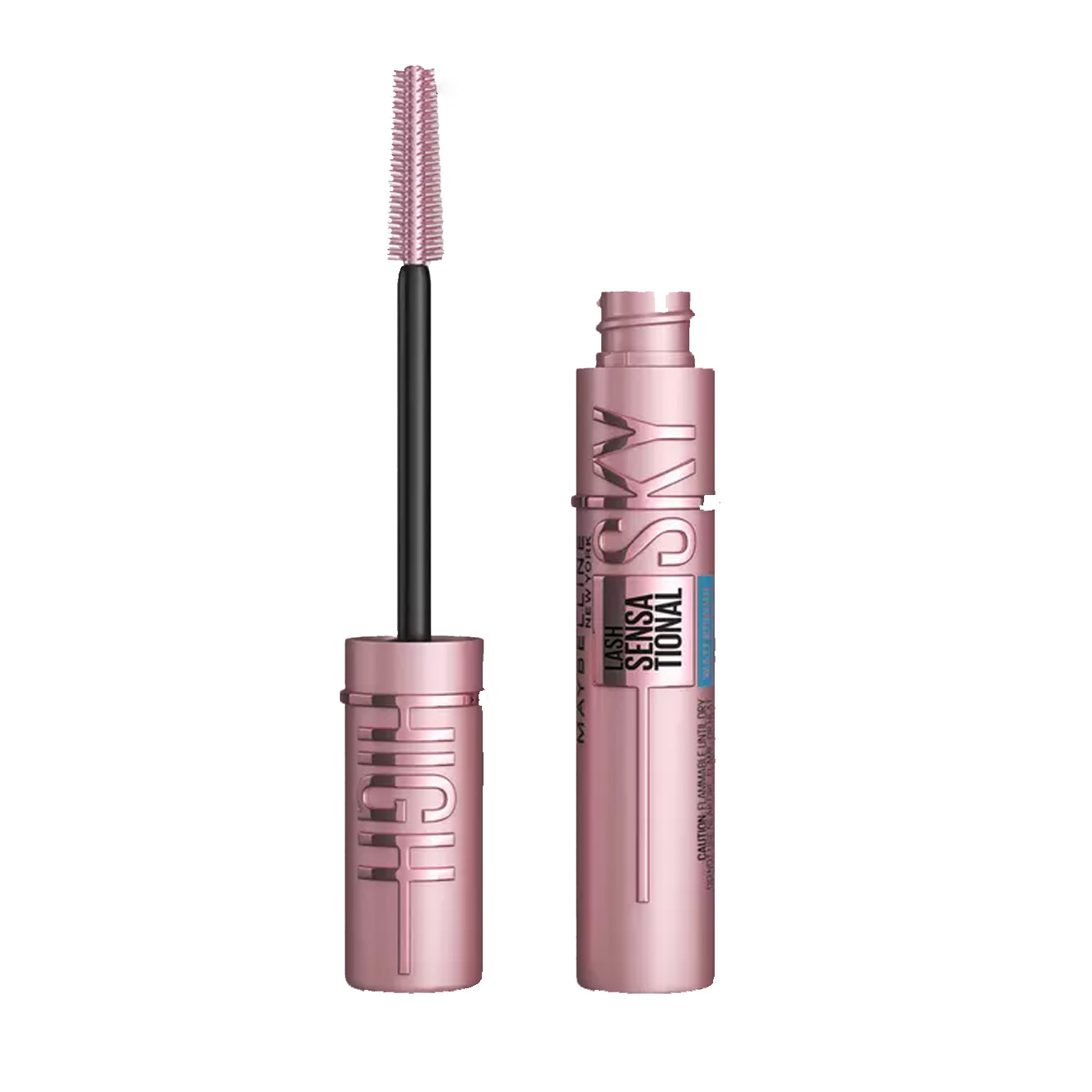 Maybelline Lash Sensational Sky High Waterproof Mascara in pink tube with matching wand