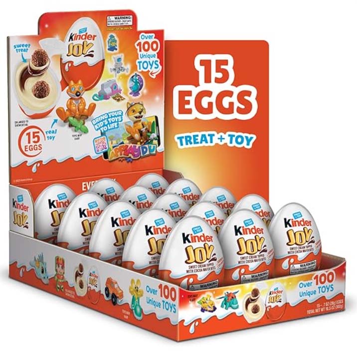 Kinder Joy Eggs arranged in rows in a tray of 15