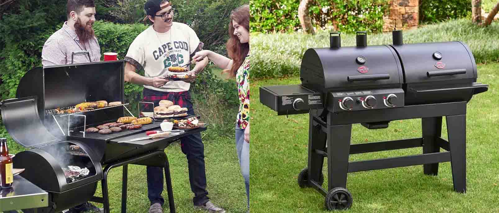 Image of people at outdoor barbeque and a charcoal barbeque grill