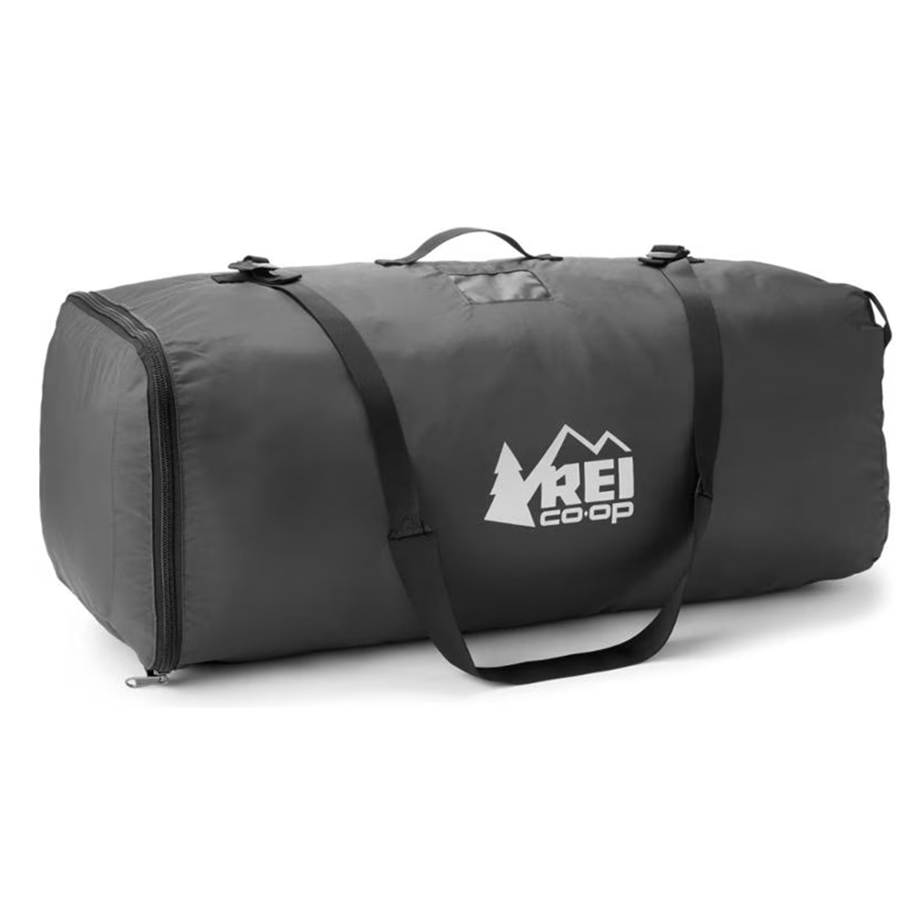a black duffle bag with REI logo in white