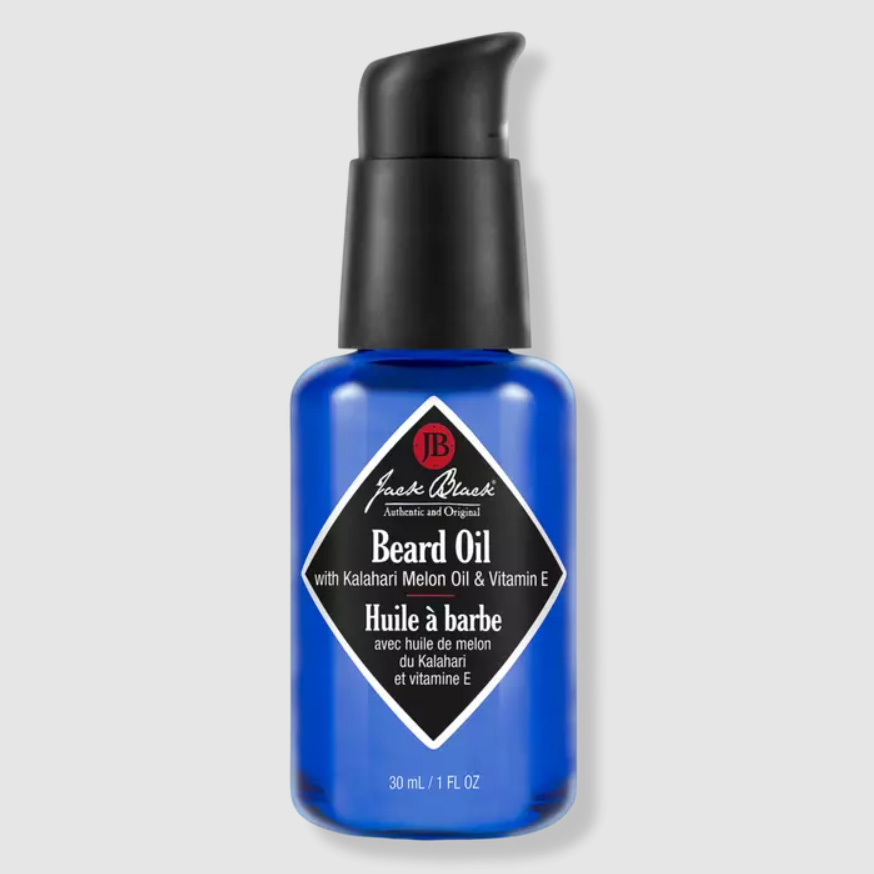 Blue bottle of Jack Black Beard Oil with Kalahari Melon Oil & Vitamin E with pump top