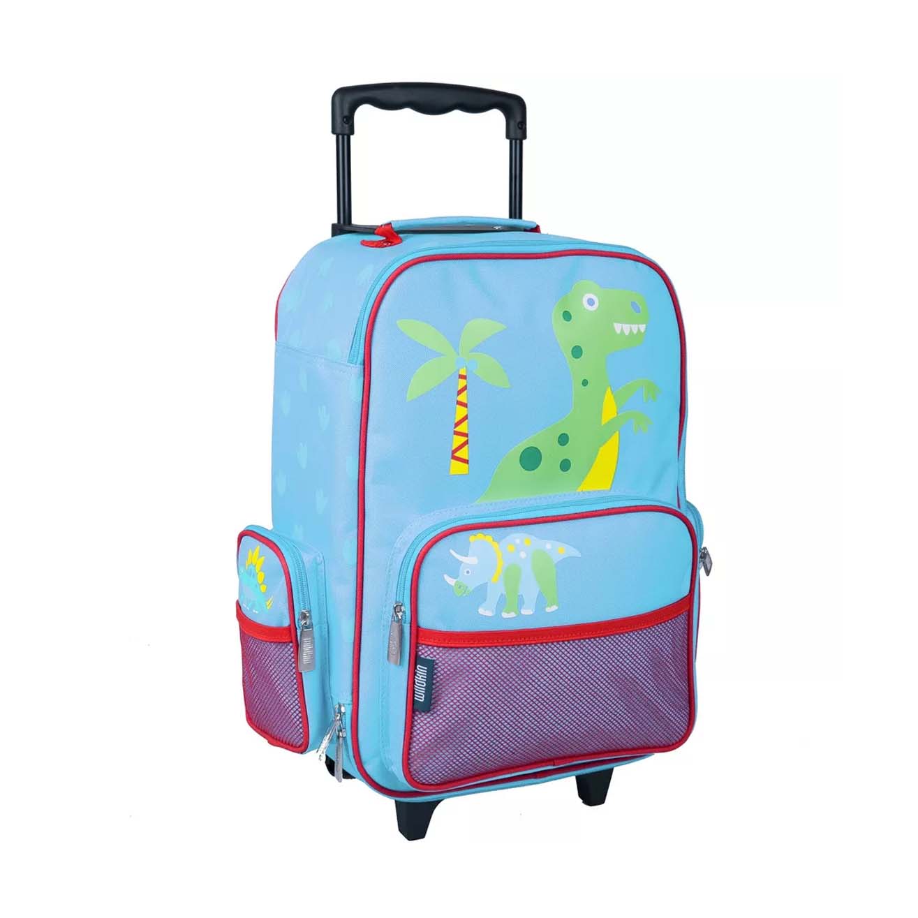 Wildkin Kids Rolling Suitcase in blue and red with dinosaur design and black handle