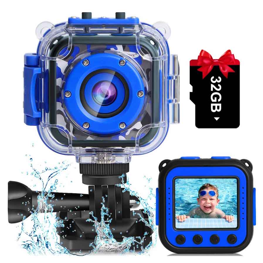 Blue action camera on mount with SD card