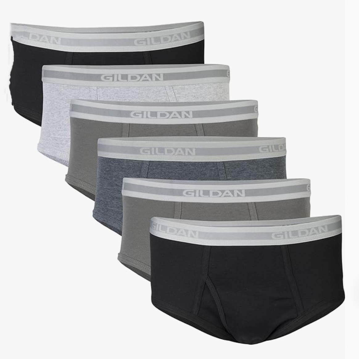 6 pairs of Gildan briefs in shades of grey and black