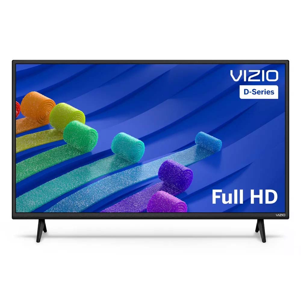 vizio d-series full hd tv with colourful screen display on stand feet