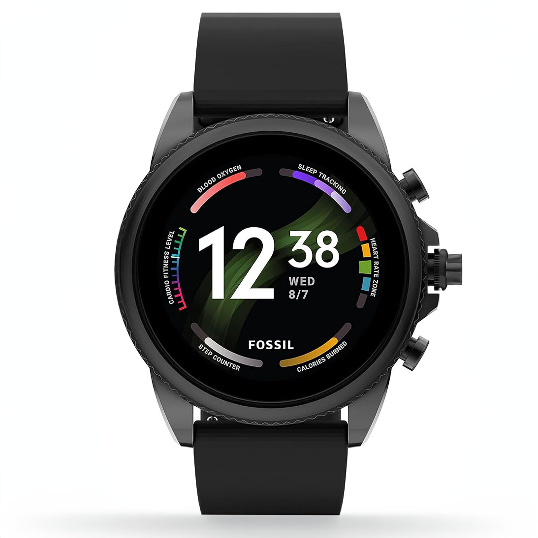 Black Fossil smartwatch with time displayed