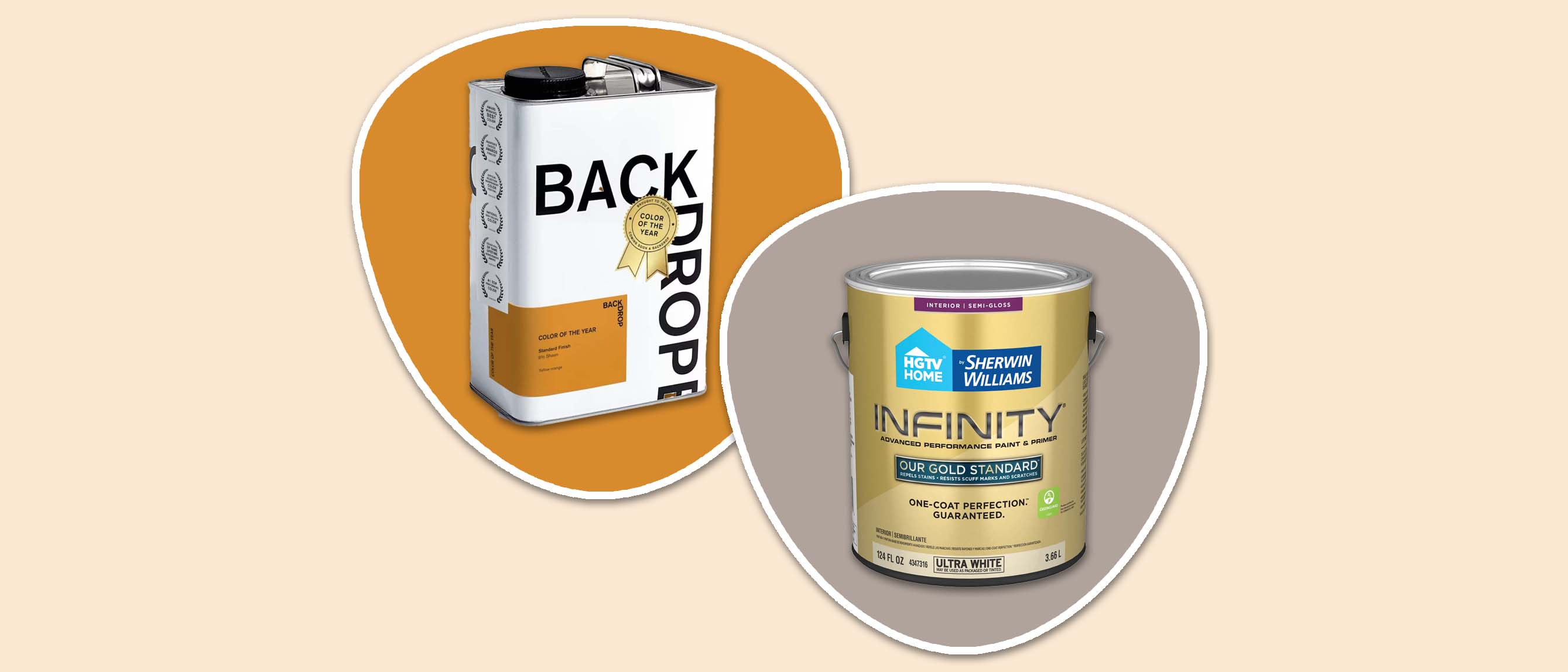Backdrop Color of the Year in yellow orange and Sherwin-Williams Infinity Semi-gloss Ultra White Tintable Latex Interior Paint + Primer