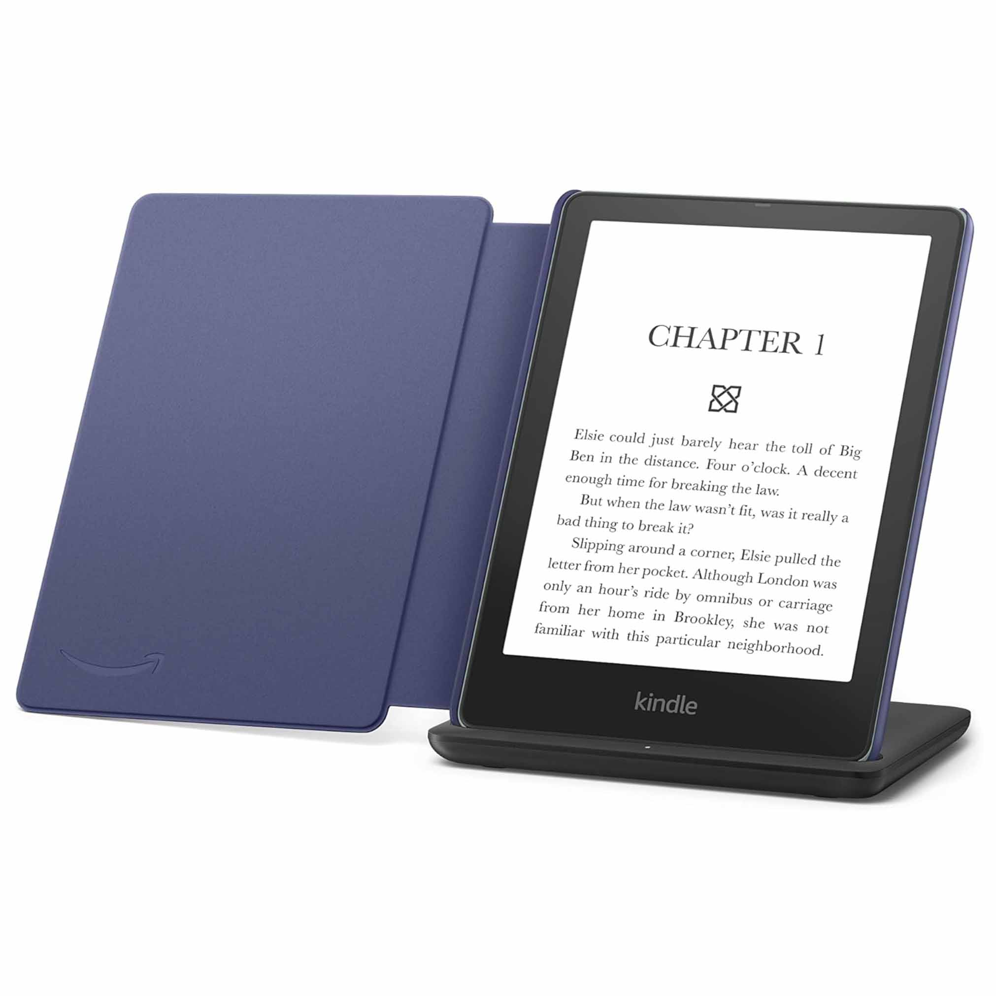 Black kindle on a stand with blue cover