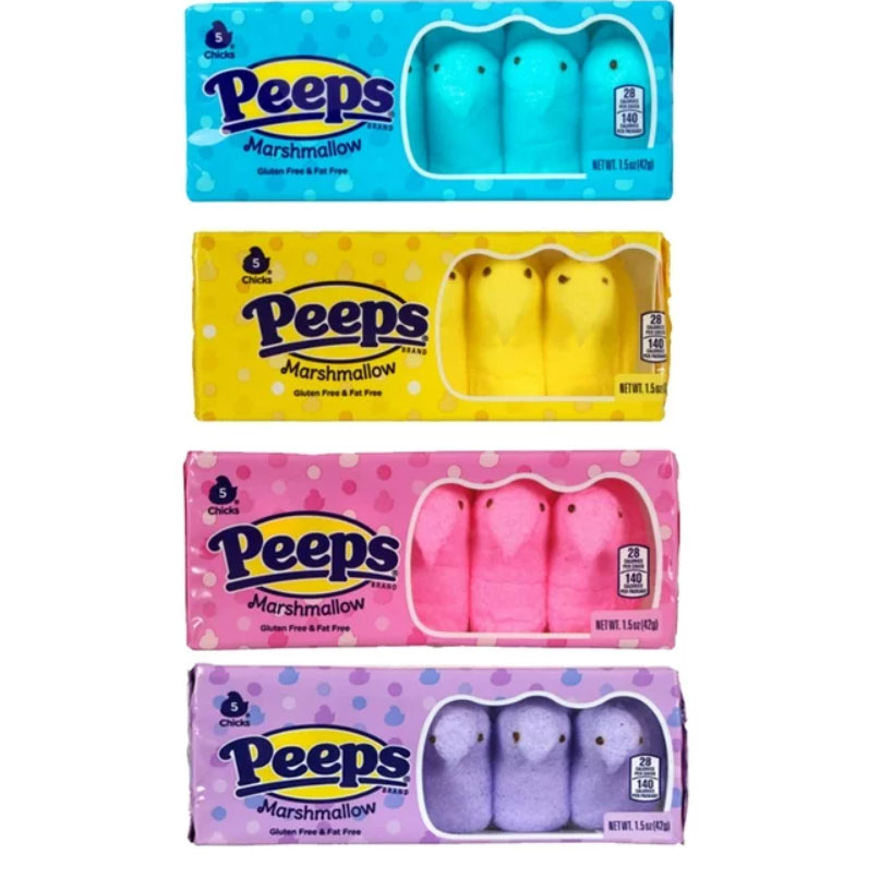 Four boxes of Peeps Marshmallow Candy chicks in blue, yellow, pink and purple