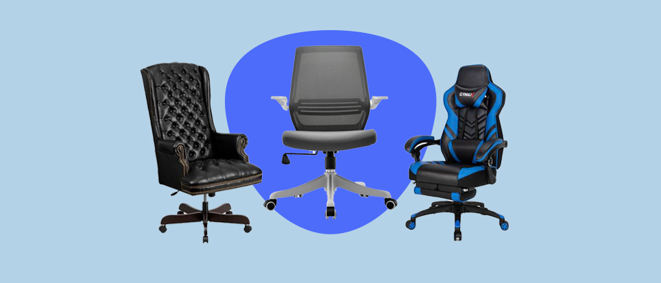 Image of 3 black colored office chairs with blue background