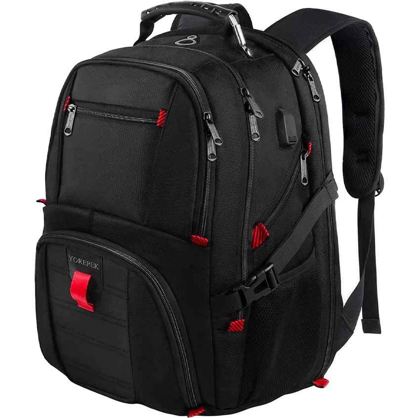 black and red 50 litre water-resistant travel backpack for women