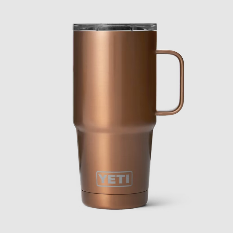 Yeti Rambler 20-Ounce Travel Mug in bronze against an off-white background