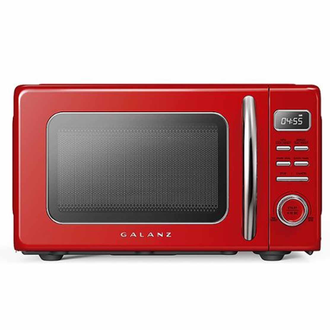 red retro microwave with silver handle and buttons